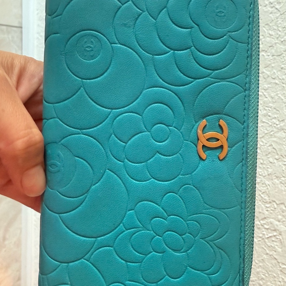 Chanel Turquoise Floral Embossed Wallet